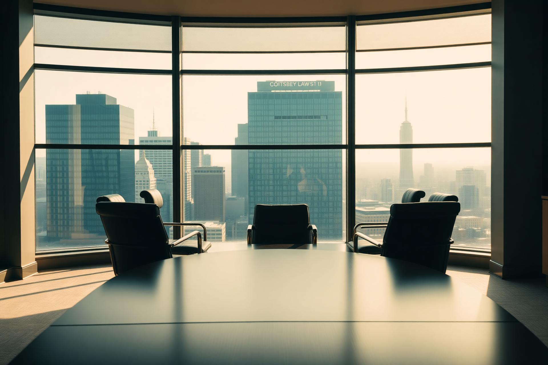 Sala de reuniões corporativa com vista para o skyline empresarial